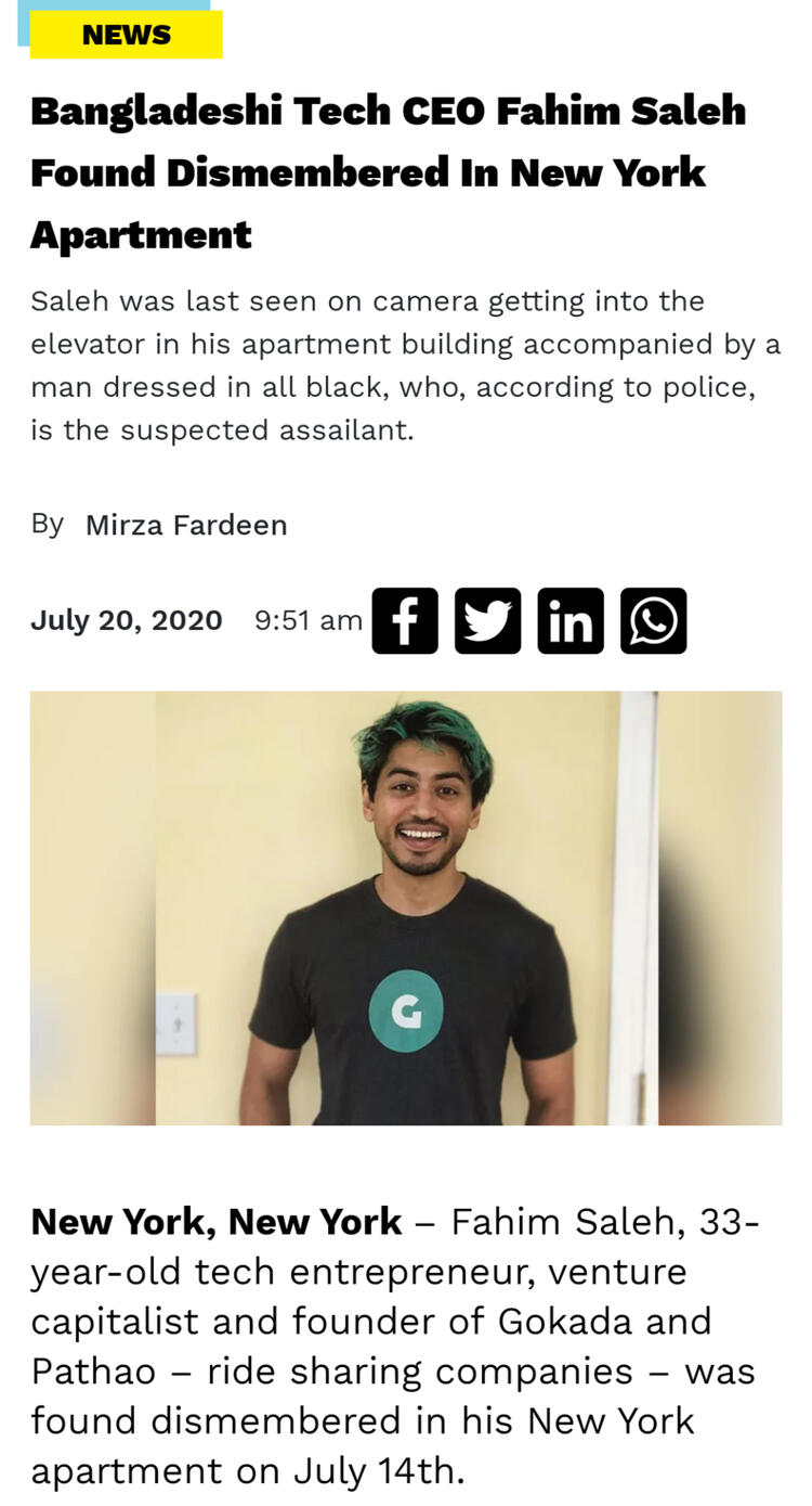 Bangladeshi Tech CEO Fahim Saleh Found Dismembered In New York A